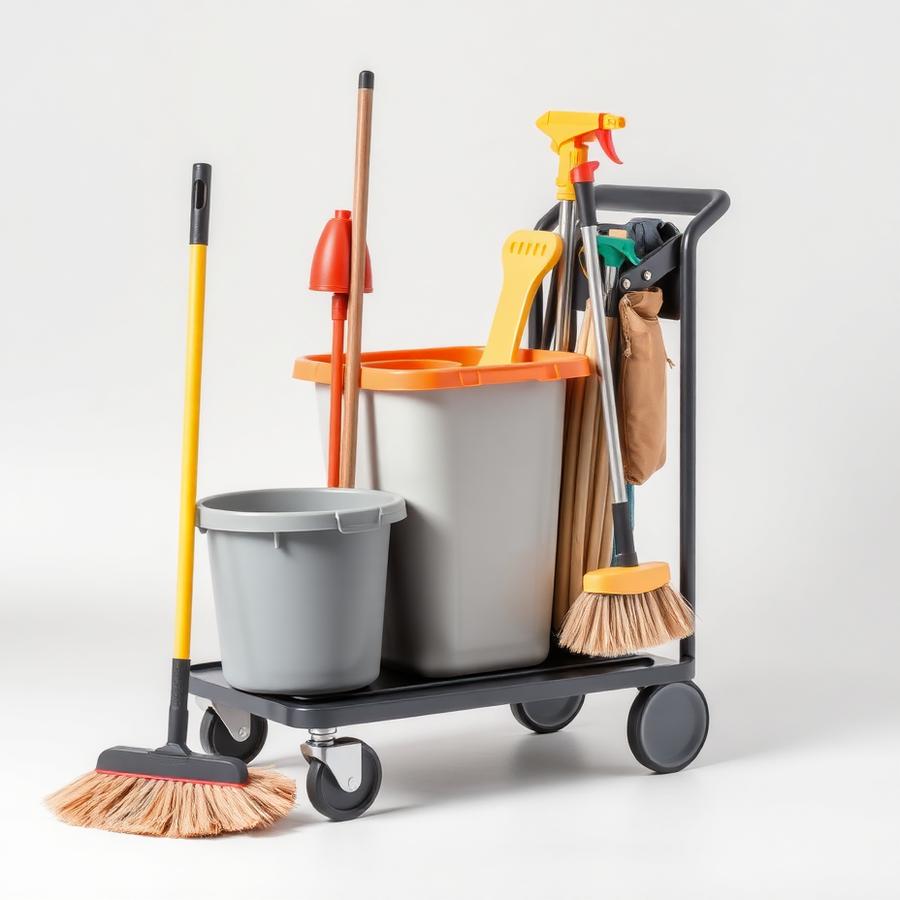 Carrinho e equipamentos de limpeza profissional